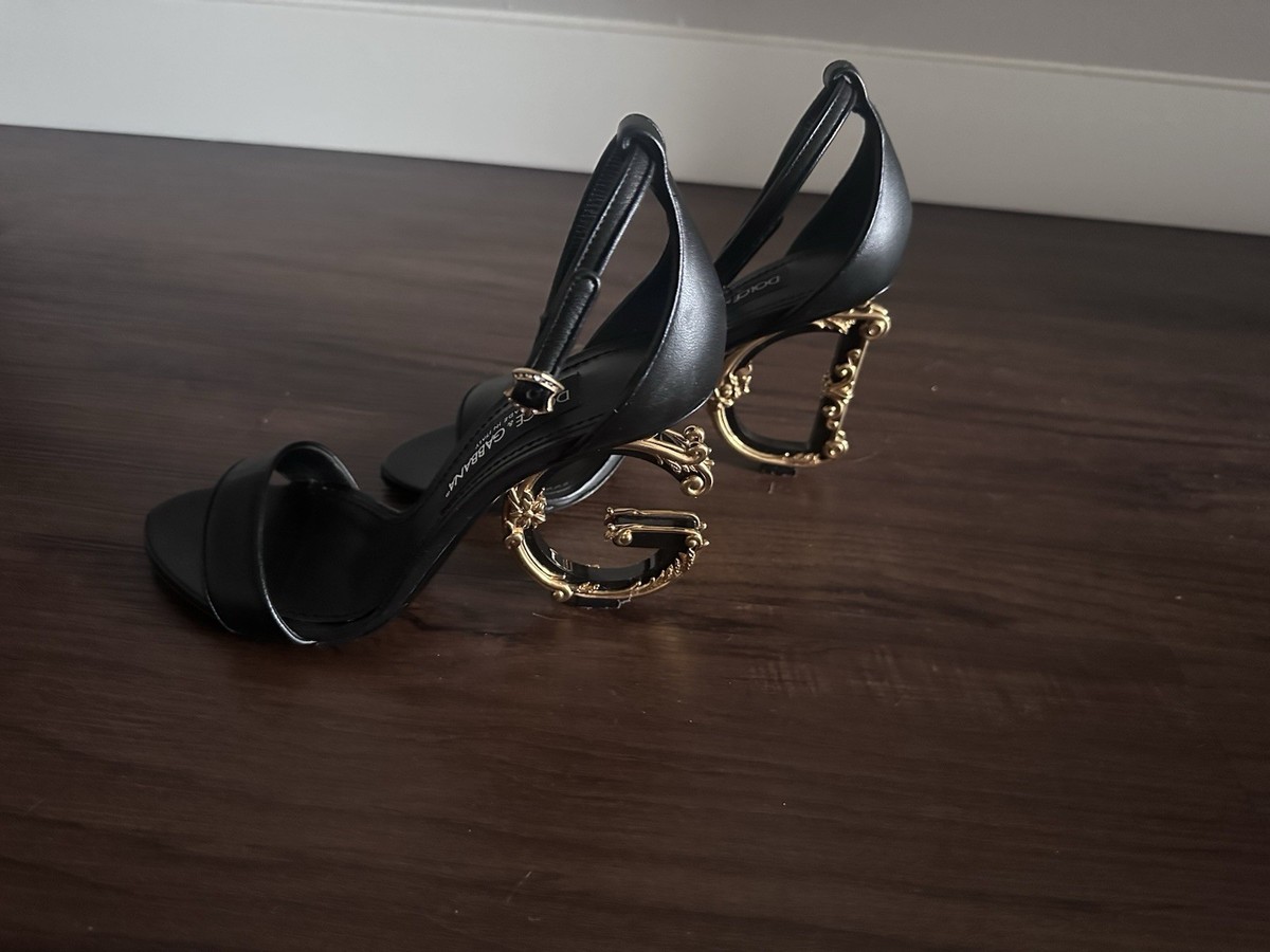 Dolce & Gabbana DG Logo Heel Sandals Black Leather Size 38.5