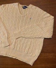Vintage Polo Ralph Lauren Mens XL Cable Knit Sweater Yellow Hong Kong 90s V-Neck