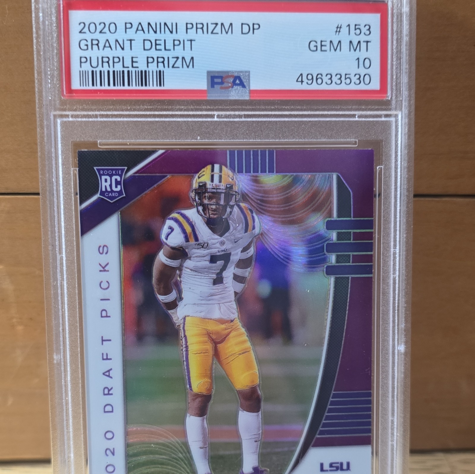 2020 Panini Prizm Draft Picks Purple Prizm Grant Delpit LSU #153 Rookie PSA 10