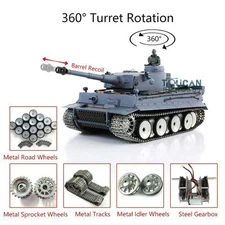 Henglong 1/16 7.0 Tiger I RC Tank 3818 Barrel Recoil Metal Tracks Wheels 360 RTR
