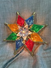 Vintage Multicolor Lighted Star Christmas Tree Topper Gold Accents 8-Point Desig