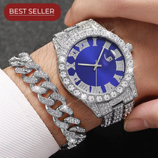 3PCS Luxury Iced Out Diamond Men's Watch Bracelet Necklace Hip Hop Set