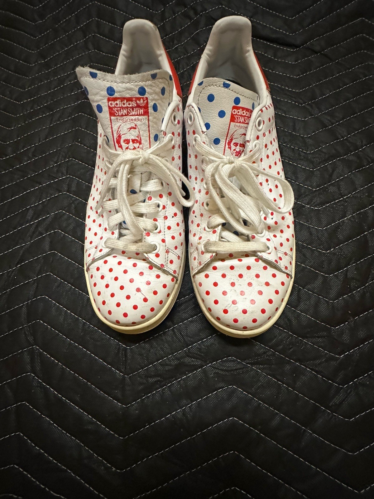 Used / Worn Adidas Stan Smith Pharrell Polka Dot Shoes Red / White Size 10.5 Men