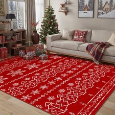Christmas Area Rug 5x7 Red Washable Kitchen Carpet Xmas Snowflake Holiday Dec...