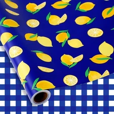 Tropical Lemon Plaid Wrapping Paper -Mini Roll- 17In x 32.8Ft Navy Blue White...
