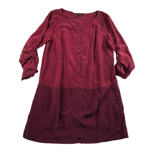 Eileen Fisher Silk Two-Tone Burgundy Plum Shift Dress Roll-Tab Sleeve Womens M