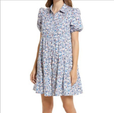 NWT Eliza J Blue Floral Print Puff Sleeve Tiered Cotton Shirtdress Face Mask 12
