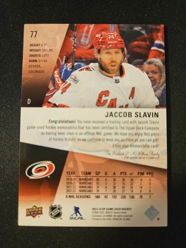 23-24 SP Game Used Jaccob Slavin Authentic Jersey 🚨🚨🚨 Carolina Hurricanes - Picture 2 of 2
