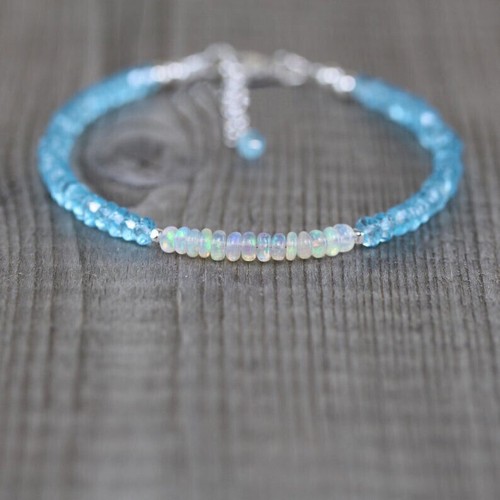 Brazalete Rondelle Genuino Blanco Etíope Welo Ópalo + Topacio Azul 3-4mm Cuentas 7" - Imagen 5 de 9