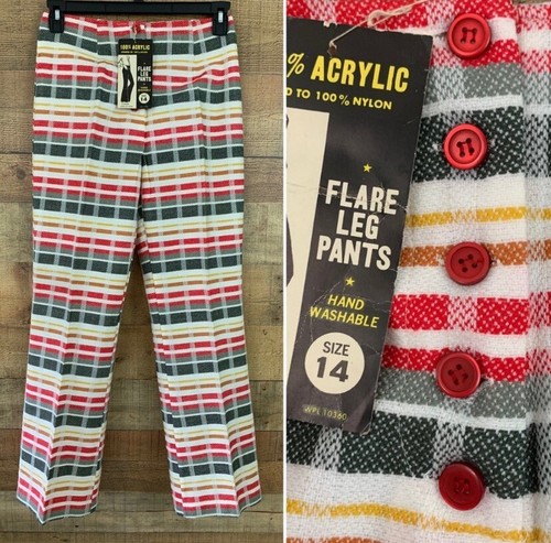 Vintage 1960’s 1970’s Mod Boho Woven Plaid Flare Leg High Waist Pants Sz 14