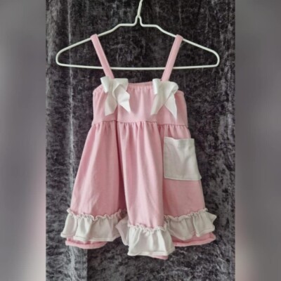 Süß Baby Mädchen rosa weiß Rüschen Schleife Tasche Kleid Top Brustumfang 40-52 cm 12-18 Monate