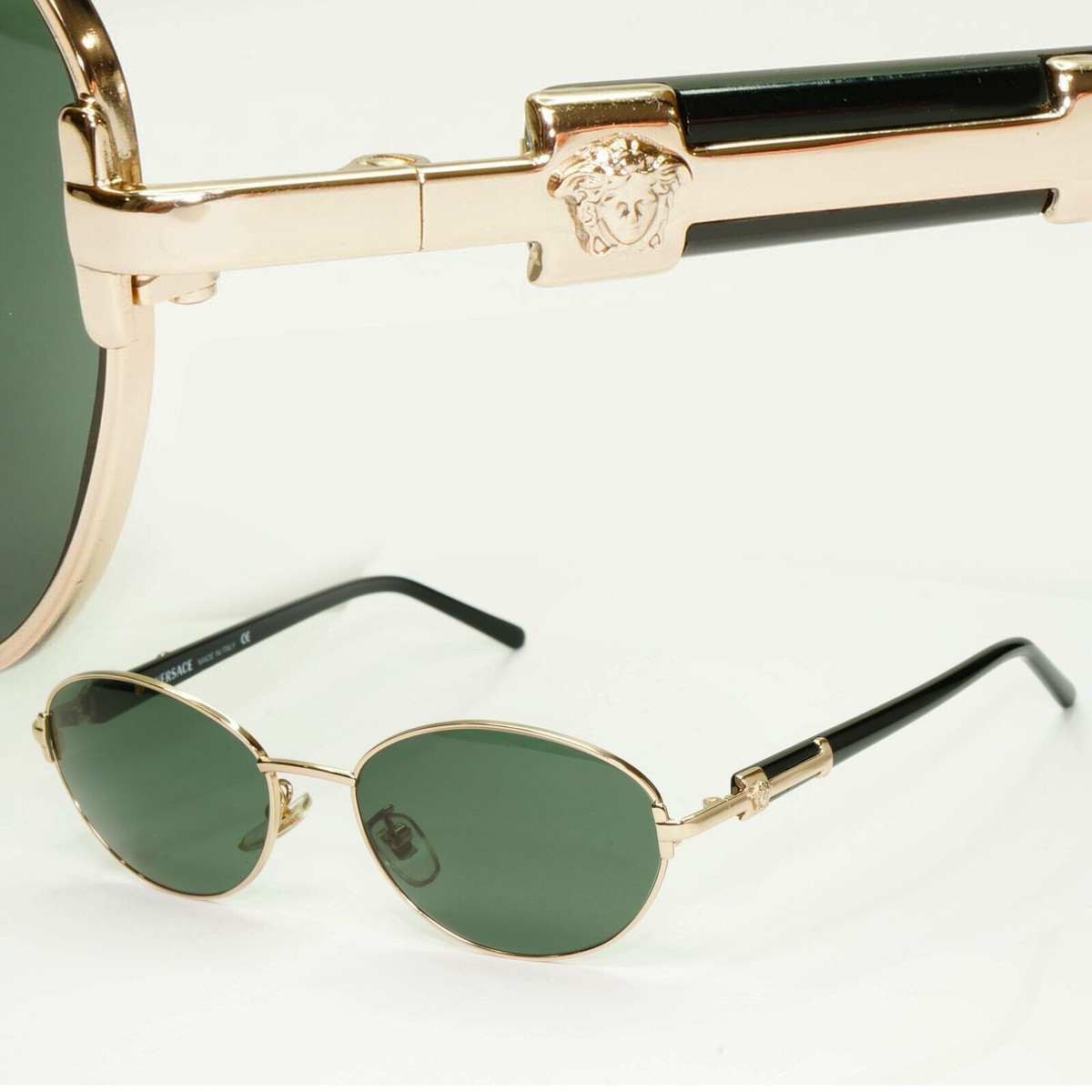 Gianni Versace 1995 Sunglasses Vintage Gold Black Green Oval MOD