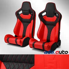 2pcs Universal Main Black Red Side Reclinable Pvc Leather Sport Racing Seats