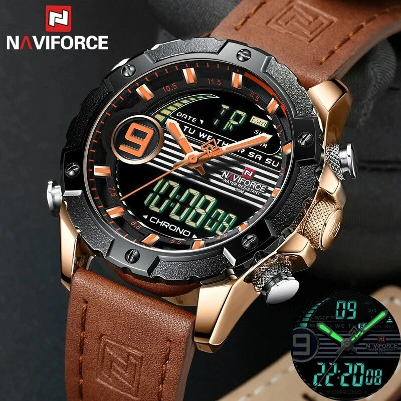 FOVICN Mens Sports Watch Genuine Leather Band Analog Digital LED