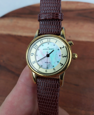 Anne Klein Instalite Watch Women MOP Gold Tone Brown Leather  display picture 2