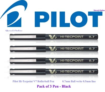 3 x Pilot Hi-TecPoint V7 0.7mm Liquid Ink Rollerball BLACK Colour Pen