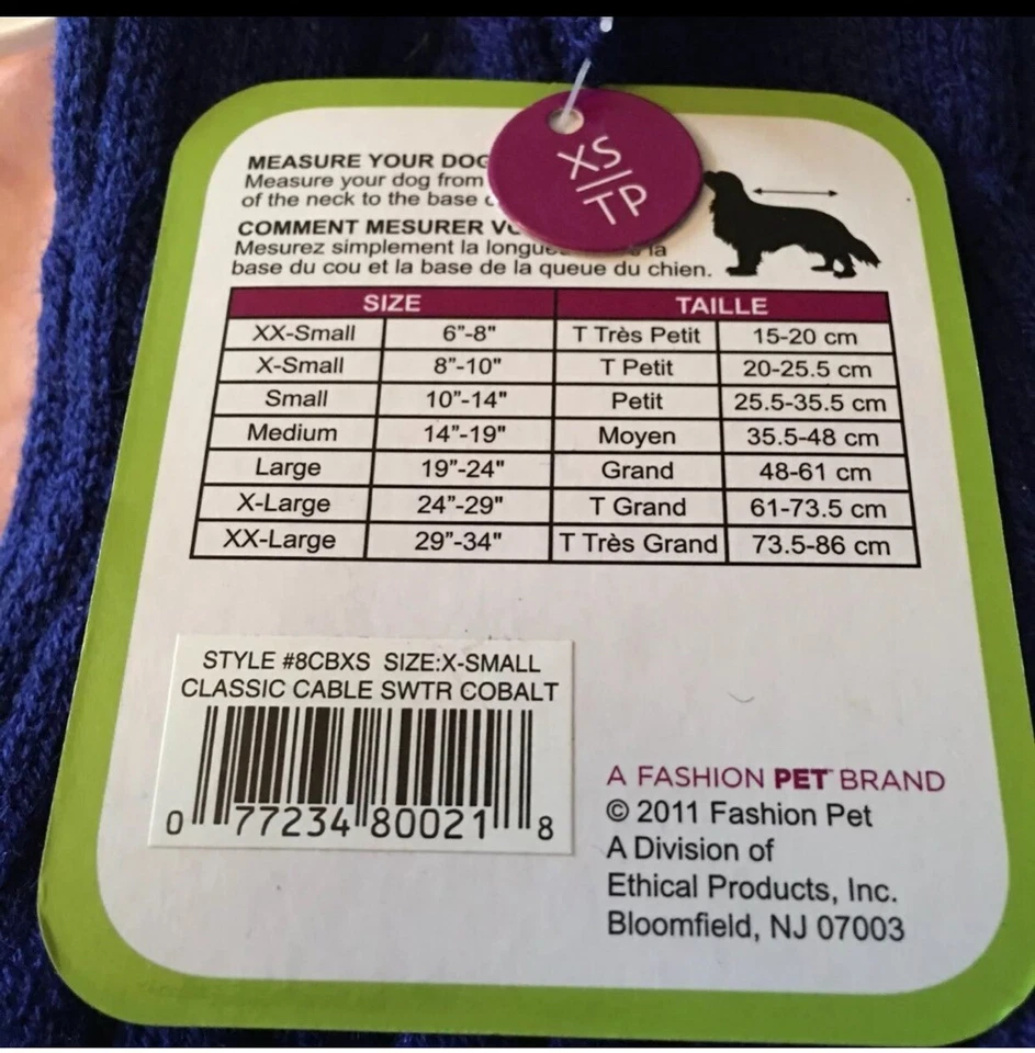 Nuevo Suéter Azul Oscuro Perro Mascota Cable Talla XS Lookin’ Good Nuevo Con Etiquetas Nuevo Con Percha Foto 3 de 3