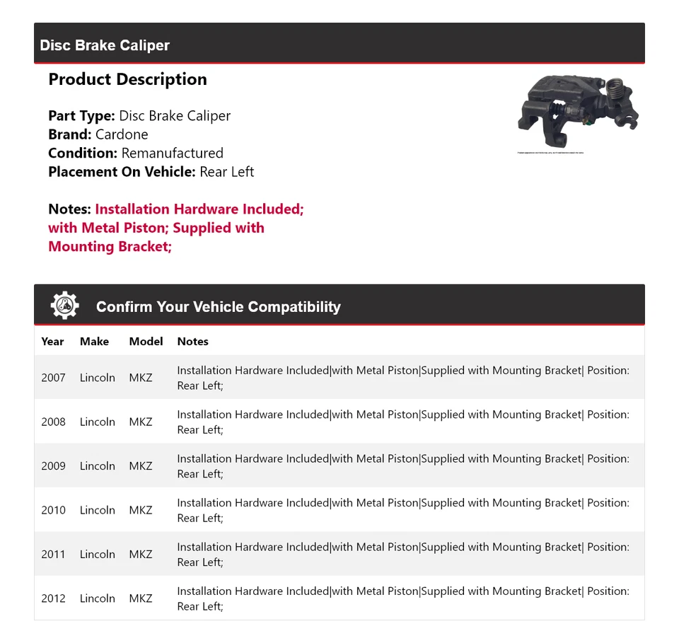 Pinça de freio a disco traseira esquerda Cardone 2008 2009 2010 para 2007-2012 Lincoln MKZ - Imagem 2 de 4