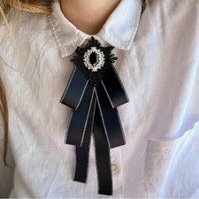 Gorgeous Handmade Black Women Lace Bow Knot Tie Rhinestone Ribbon Bow Brooches