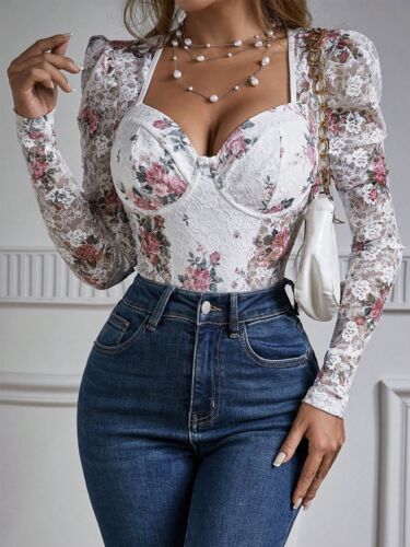 Women's Long Sleeve Lace Floral Bodysuit – Corset Style Sheer Mesh Top