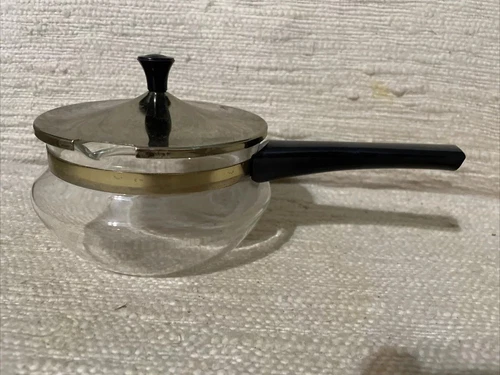 VTG Pyrex Clear Glass 2 Cup Coffee Carafe Pot with Handle & Gold Lid