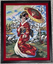 Vintage Needlepoint Framed Art Japanese Woman Wearing Kimono Large 24  x 30  