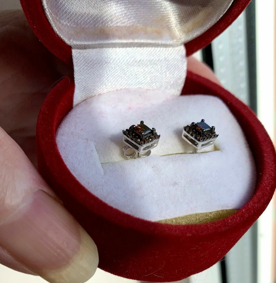 2Ct Princess Cut Lab Created Smoky Quartz Engagement Stud Earring 14k White FN - Image 3 of 3