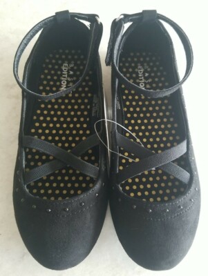 NEW Basic Editions Girls Size 13 Black Ballet Flat Ankle Strap Dress Shoes NWT