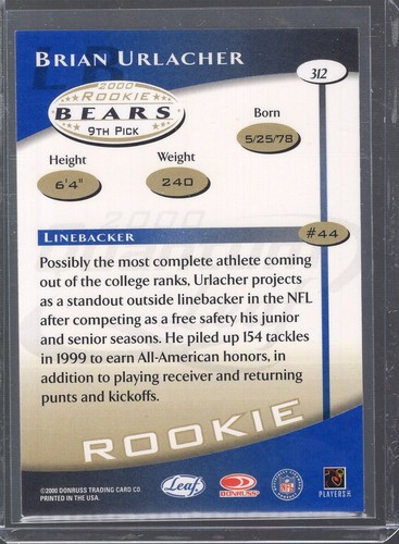 2000 Quantum Leaf #312 Brian Urlacher RC - Picture 2 of 2