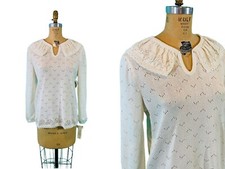 Vintage 1980s Cream Pointelle Ruffle Sweater Deadstock Pullover B 41"