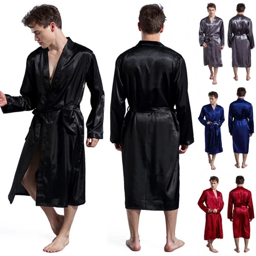 Mens Long Satin Silk Pajamas Kimono Bathrobe Robe Dressing Gown Pjs Loungewear