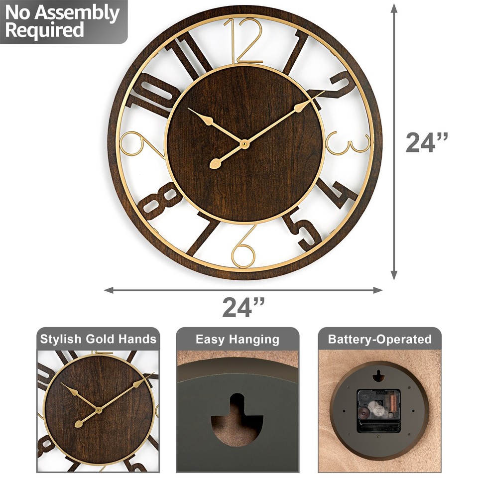Sorbus Large 24Inch Round Wood Analog Wall Clock Battery Operated ...