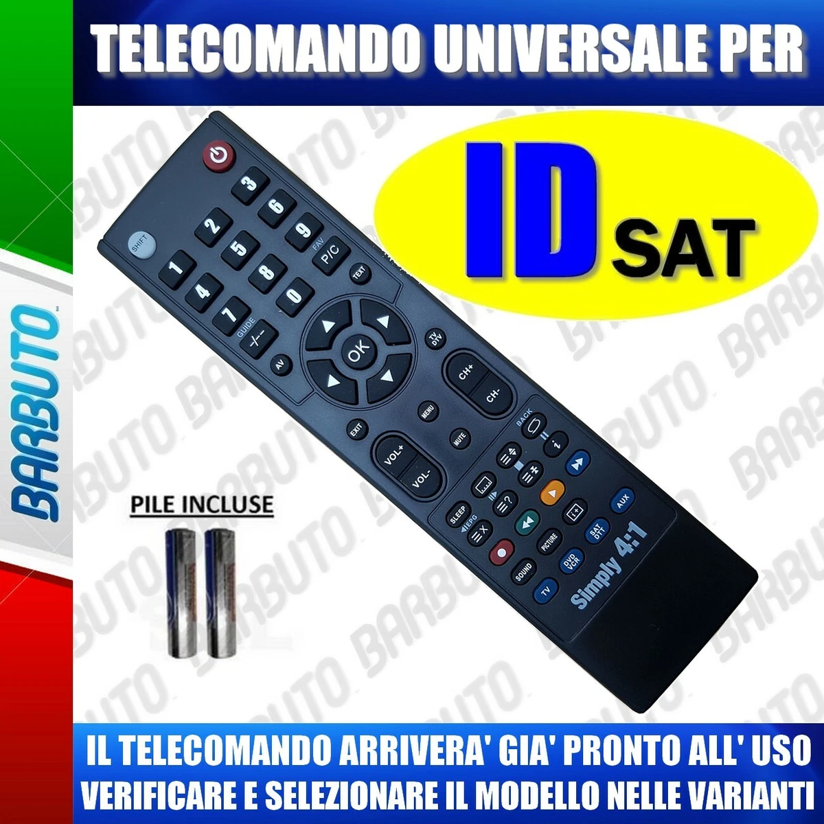 Telecomando Sostitutivo Per Decoder ID-SAT FREE1002: Ricambio Specifico Con Tutte Le Funzioni, Batterie Incluse