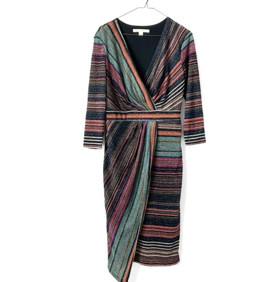Boston Proper Multicolor Striped Metallic Knit Wrap Dress 8 eBay