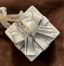 Pandora 2016 Christmas  White  Silver Box Porcelain Ornament  Mint w/ Ribbon