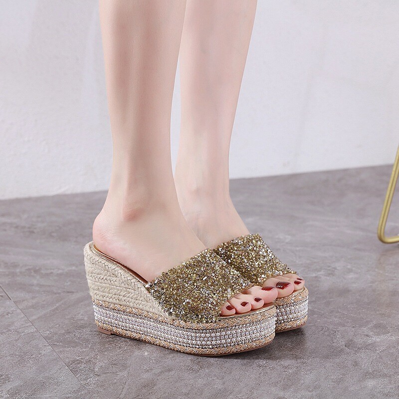 PANTOFOLA D’ORO Sandali estivi strass tacchi inclinati plateau tacchi alti pantofole scarpe