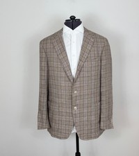 Canali Kei Men  s Linen Wool Blazer Jacket Sport Coat Blue Brown Glen Plaid US44R