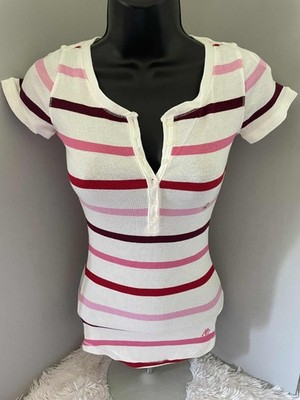 NWT AEROPOSTALE Short Sleeve Ribbed Stretch Henley Juniors/Women White/Pink