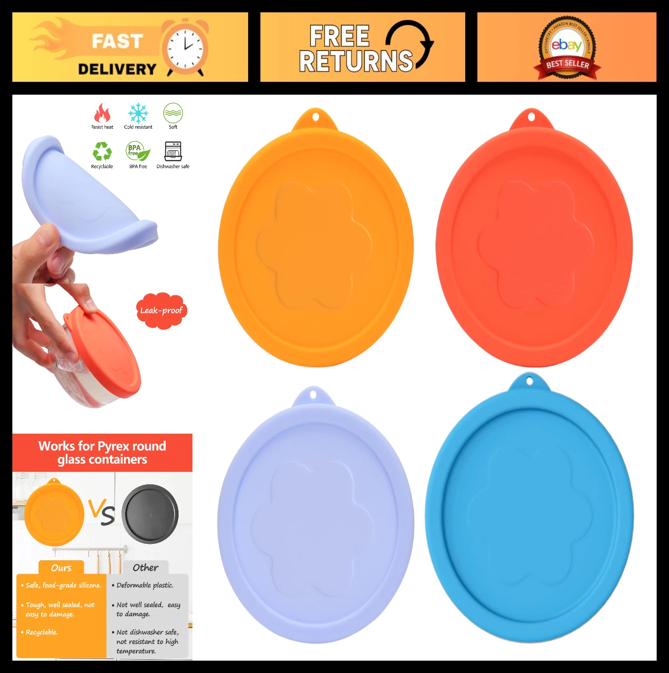 Silicone Replacement Lids for Glass Bowls - 4 Pack, Microwave & Dishwasher Safe