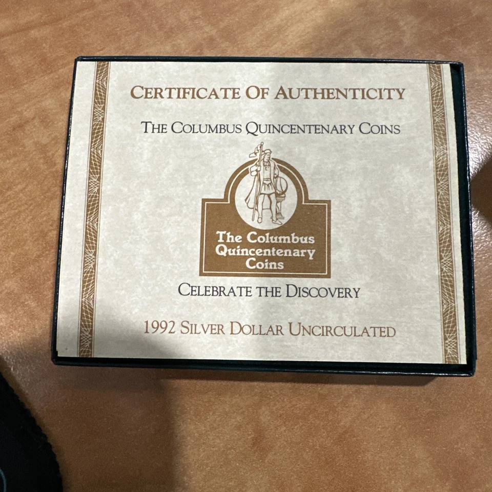 1992 COLUMBUS QUINCENTENARY UNCIRCULATED SILVER DOLLAR W/BOX & COA - Image 2 of 3