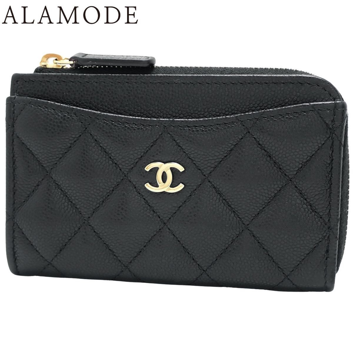 CHANEL Matelassé Coco Mark Fragment Case Coin Pass Holder Caviar Black Gold
