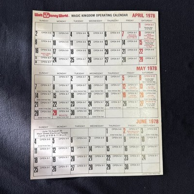Disney - Magic Kingdom - Operating Calendar - 1978