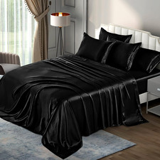 P Pothuiny 6 Pieces Queen Satin Sheets Luxury Silky Black Satin Bedding Sheet Se
