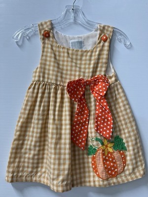 Lil Cactus Fall Dress Gingham Pumpkin  Applique Bow Sleeveless Toddler 4Y NEW