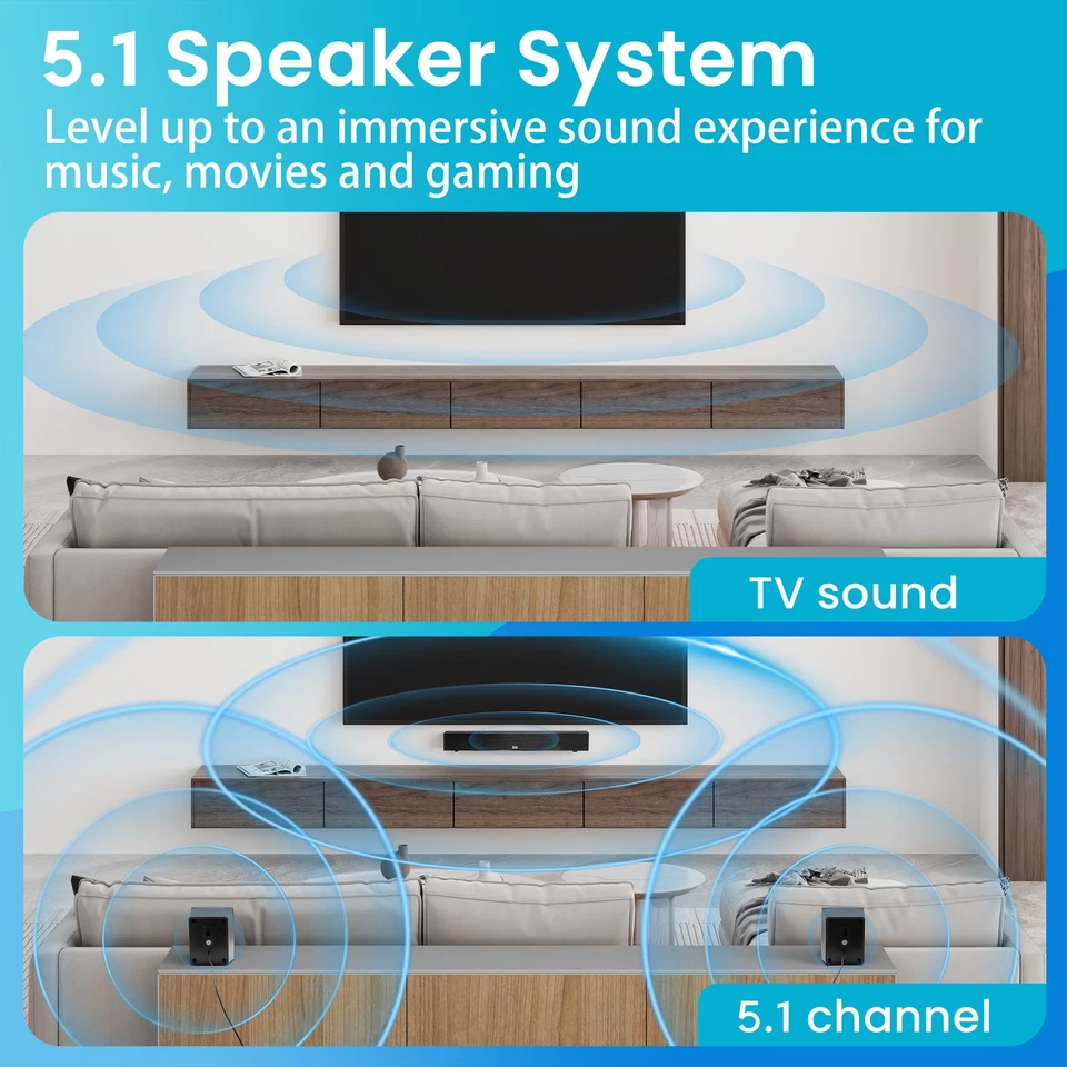 Barra de sonido de cine en casa con sonido envolvente Acoustic Audio 5.1 con Bluetooth, RCA, Foto 3 de 4