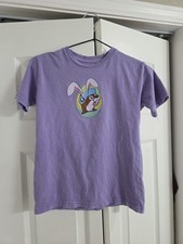 BUC-EES lavender Purple 100% Cotton Easter Bunny Eggs Logo T-shirt Youth Small