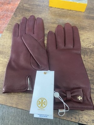 Tory Burch Leather Bow Gloves Sz 8.5 Cabernet MSRP 175