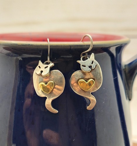Far Fetched Sterling Silver Cat Earrings 1" Dangles, Signed