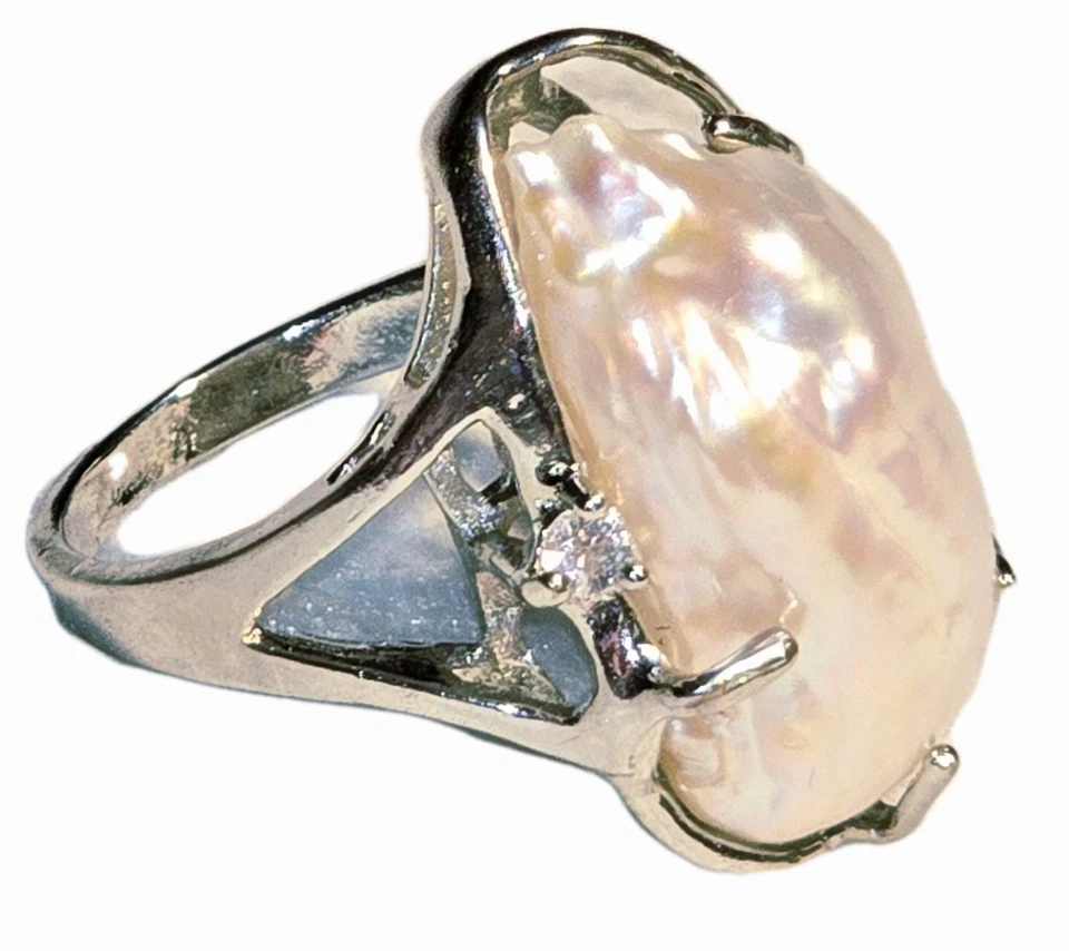 Enorme anillo de oro blanco de 14 kt de perlas barrocas de 1" de alto talla 7 ¡Impresionante! Foto 2 de 4