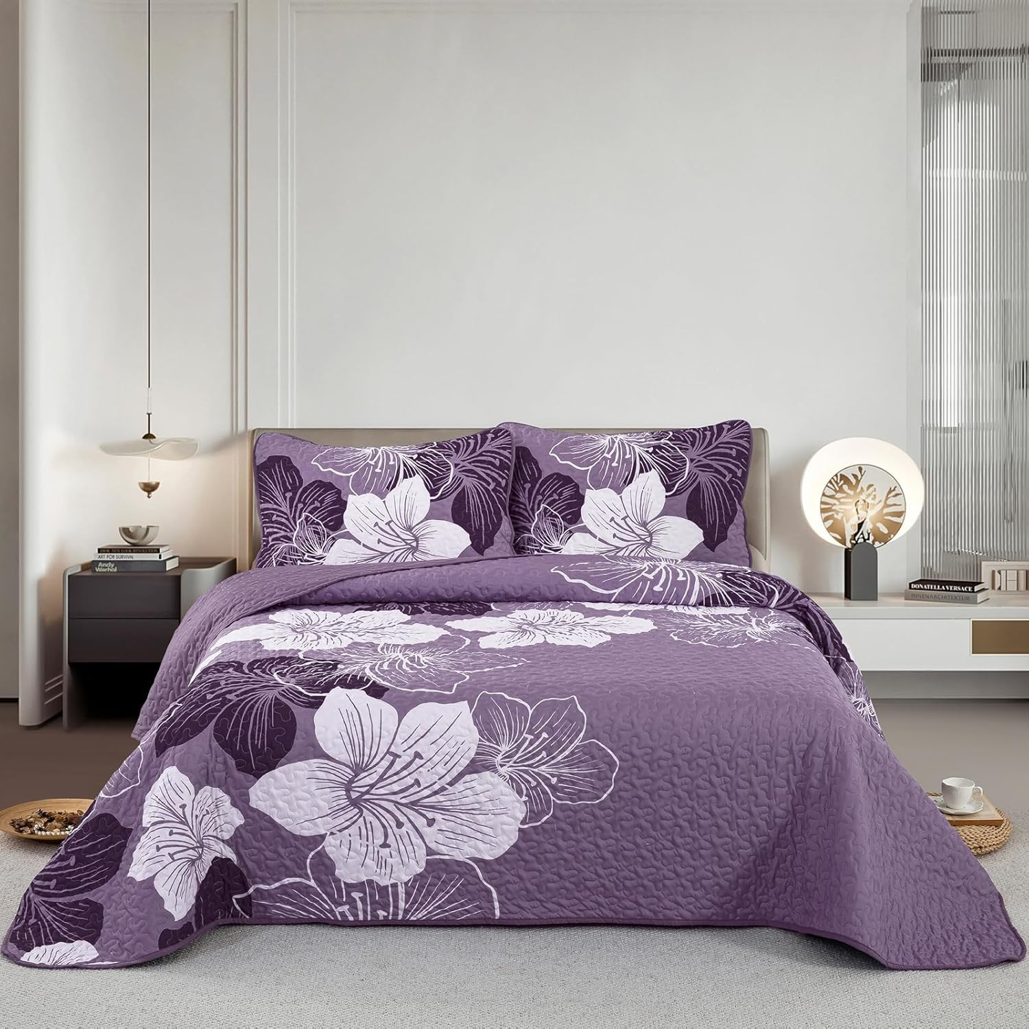 King Dark Purple Floral Pattern Quilt Coverlet Set Elegan